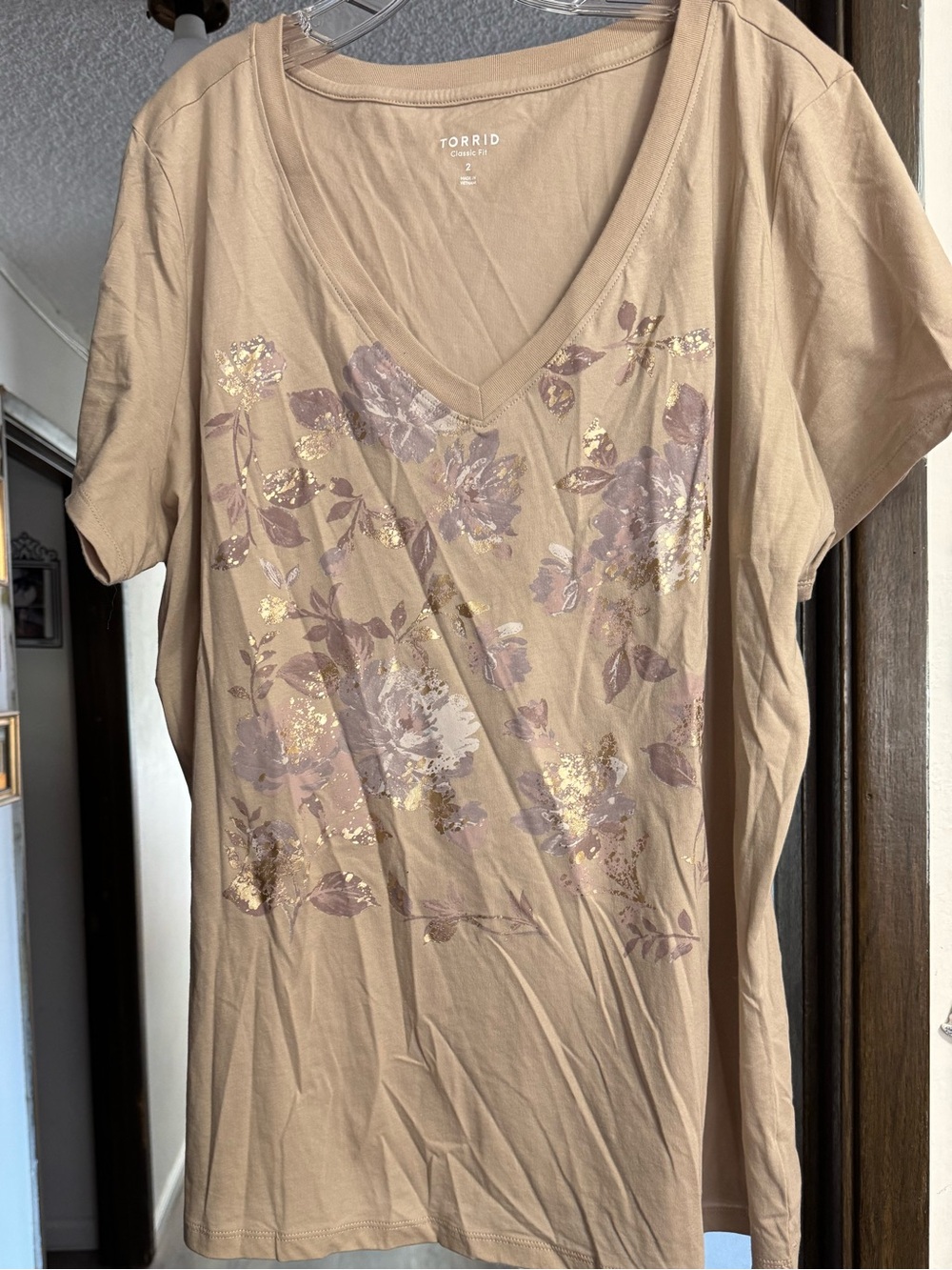 torrid Tan V-Neck Floral Tee with Metallic Gold Detail